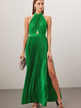 L'IDEE Renaissance Pleated Dress Kelly Green Maxi Plisse Halter Dress - US 6